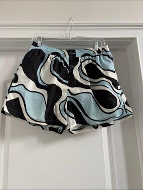 Jacquemus Light Blue Black and Cream Wave-Print Swim Trunks